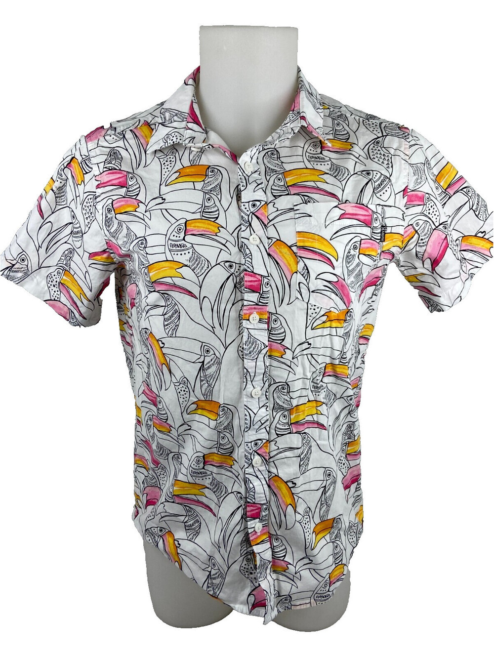 Hurley Men Small Button Front Shirt White Toucan Tropical Beach Casual